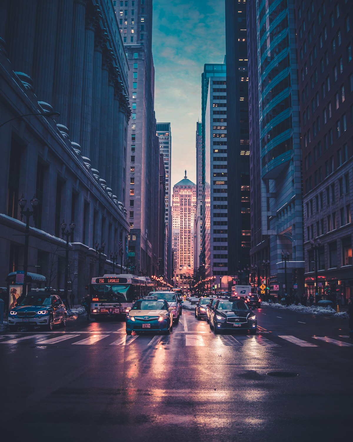 Neon city street at night